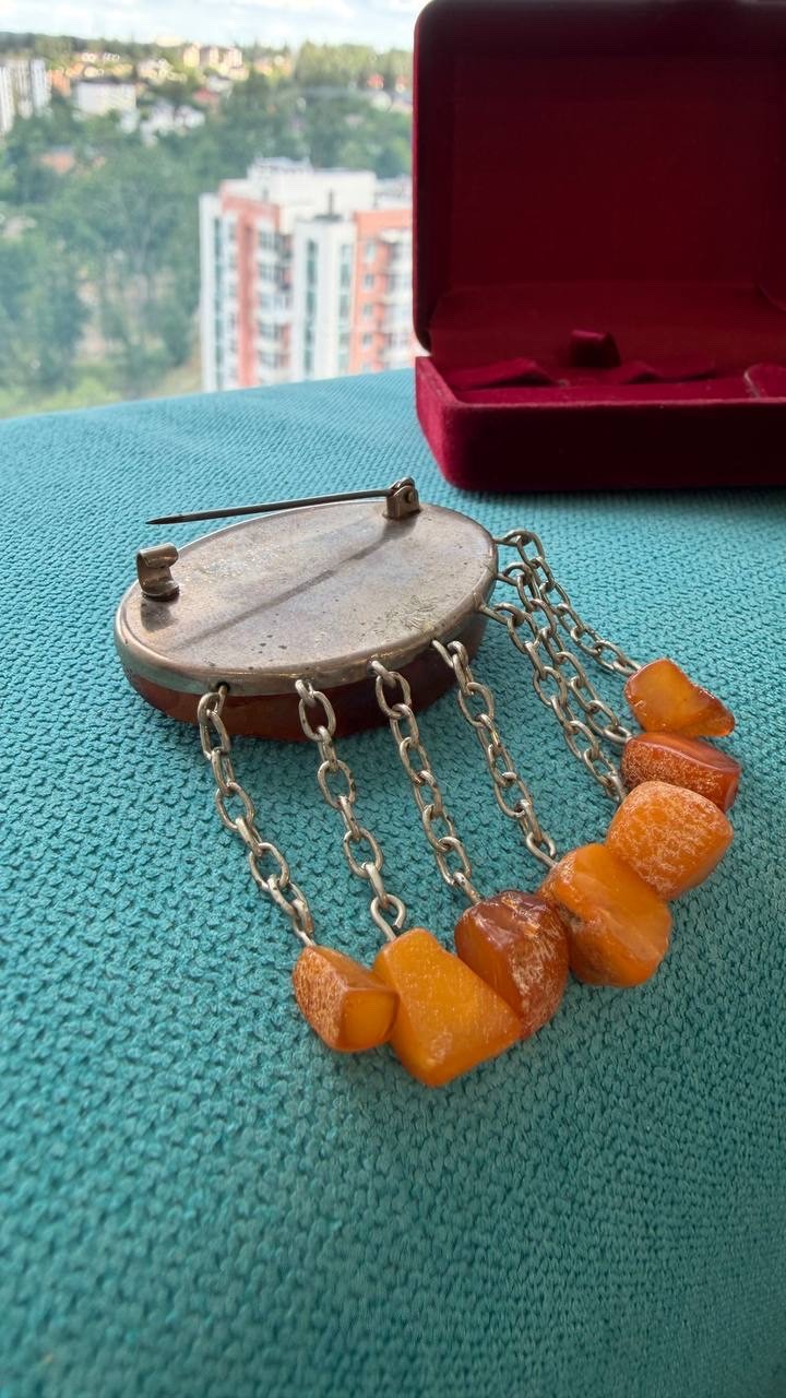 Vintage USSR Baltic Amber Mosaic Brooch Dangle Natural Amber 22g Rare