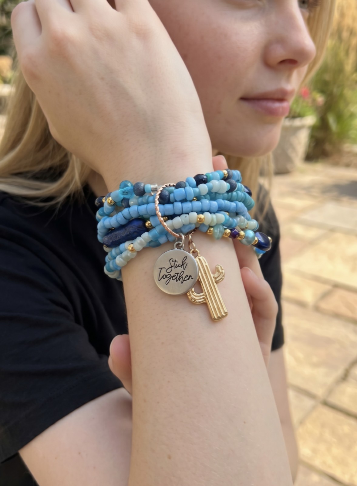 Blue Multi-Strand Beaded Wrap Charm Bracelet “Stick Together” Dangle, Stackable