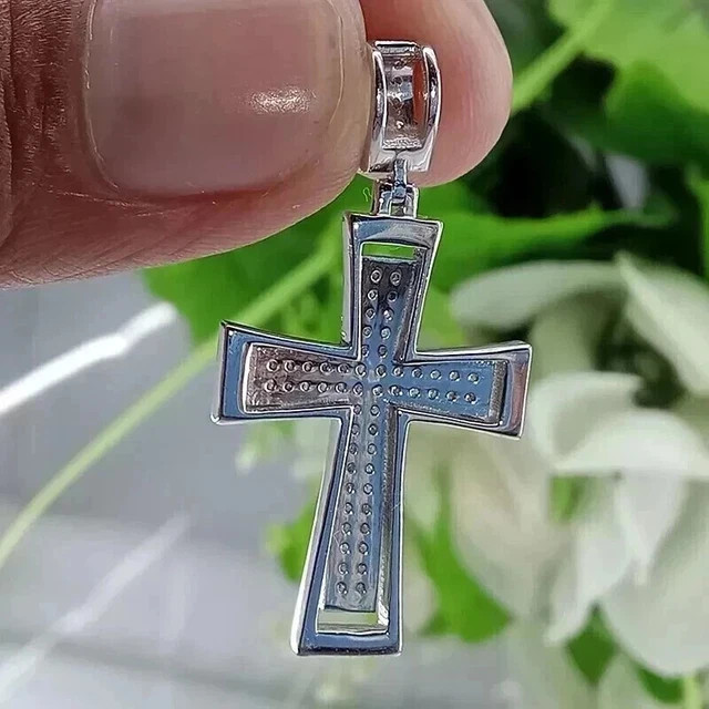 2.20 CTW Round Cut Real Moissanite Cross Pendant No/Chain 14K White Gold Plated