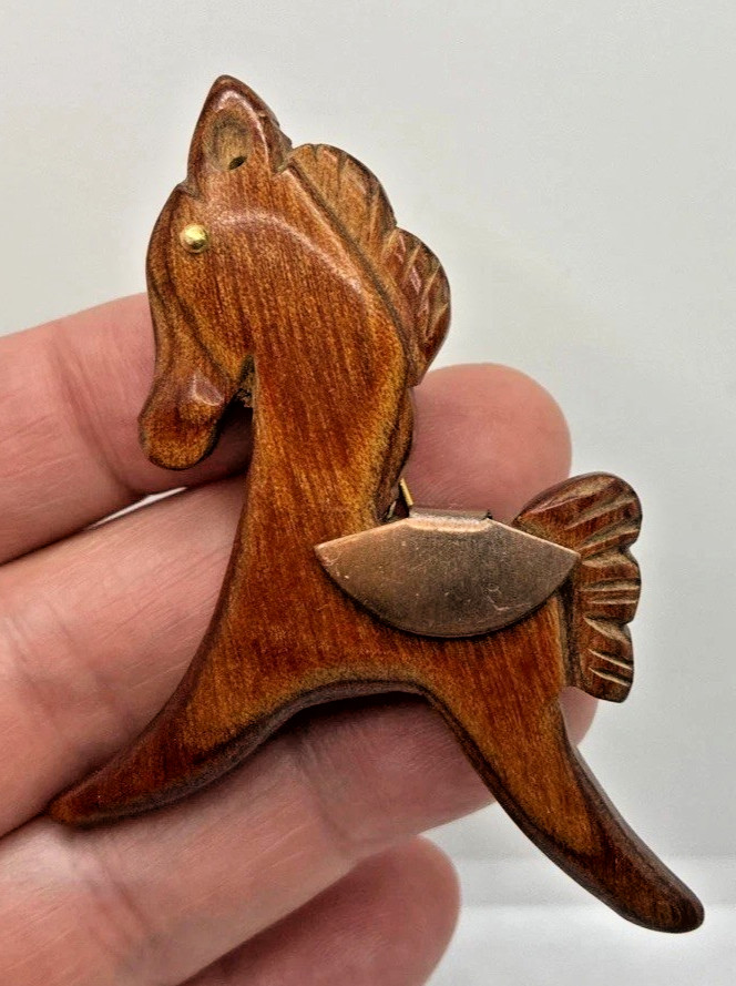 Vintage Pony Horse Brooch Hand Carved Copper Saddle Western Equestrian Pin