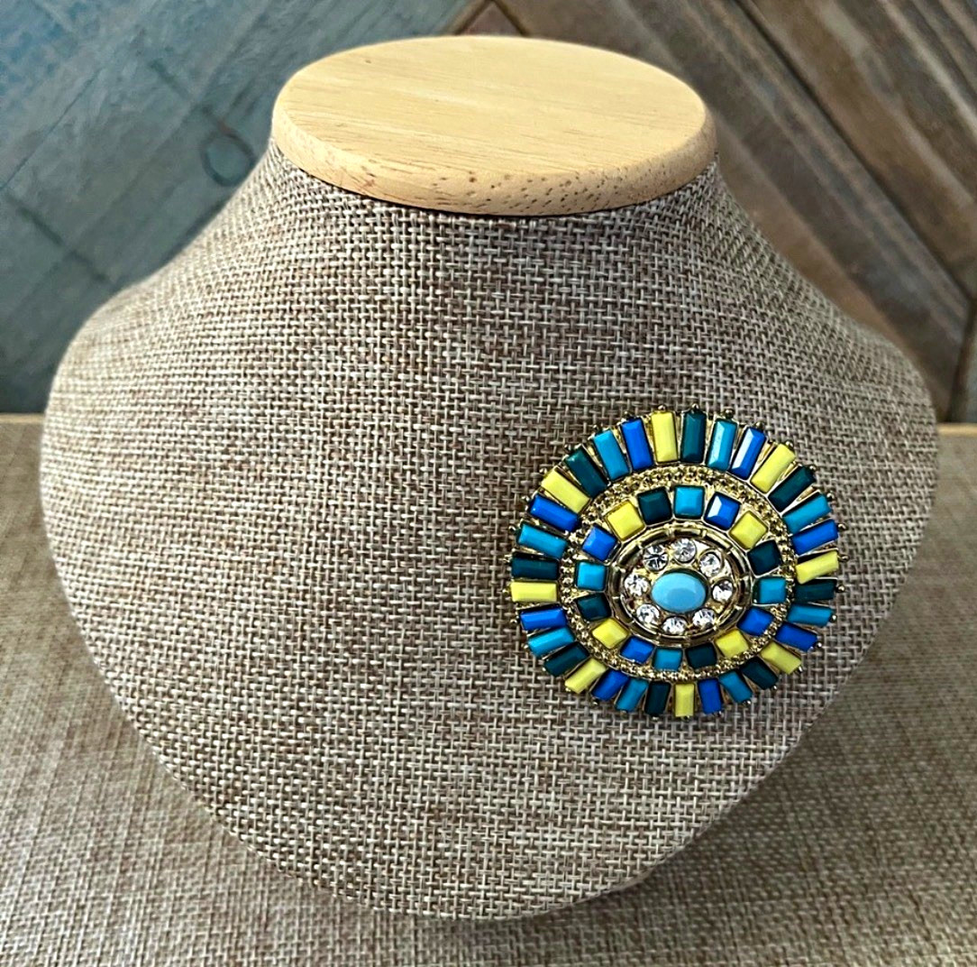 Round Enamel Rhinestone Cluster Brooch Pin, Blue Yellow Gold, 2 in Retro
