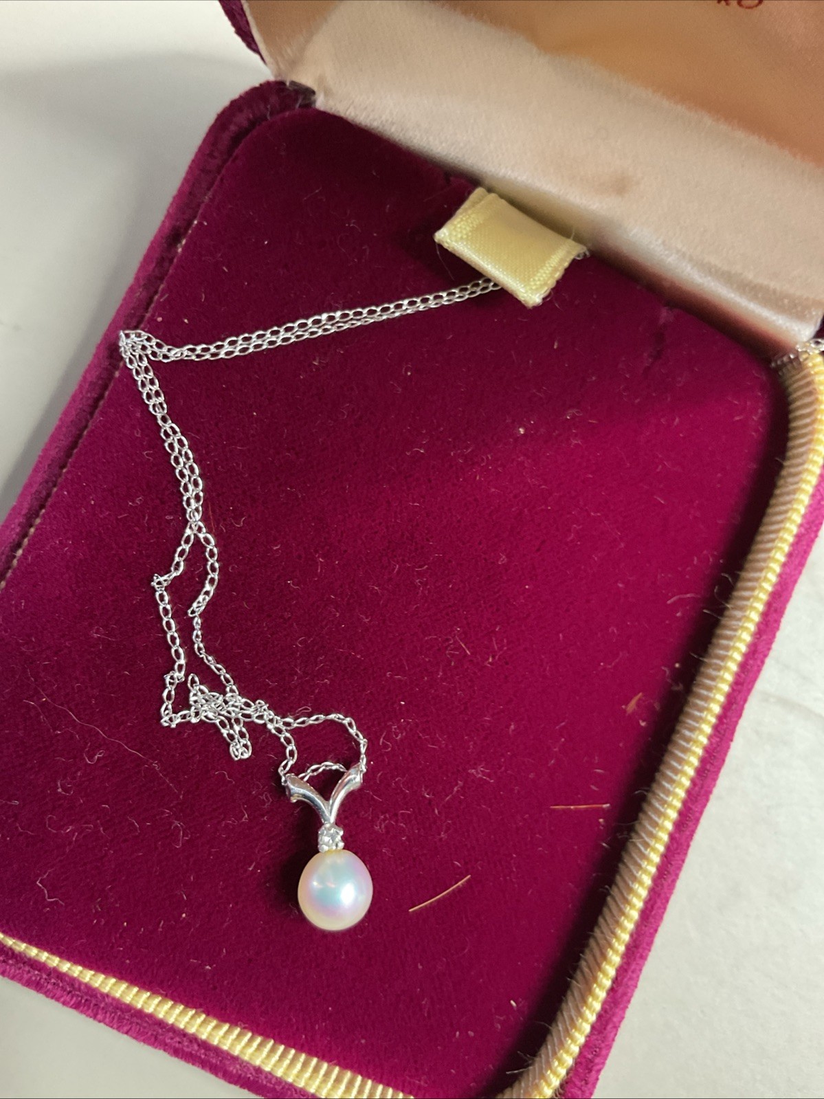 Murata VTG Pearl & Diamond Pendant Necklace, Dainty Silvertone Chain, Orig Box