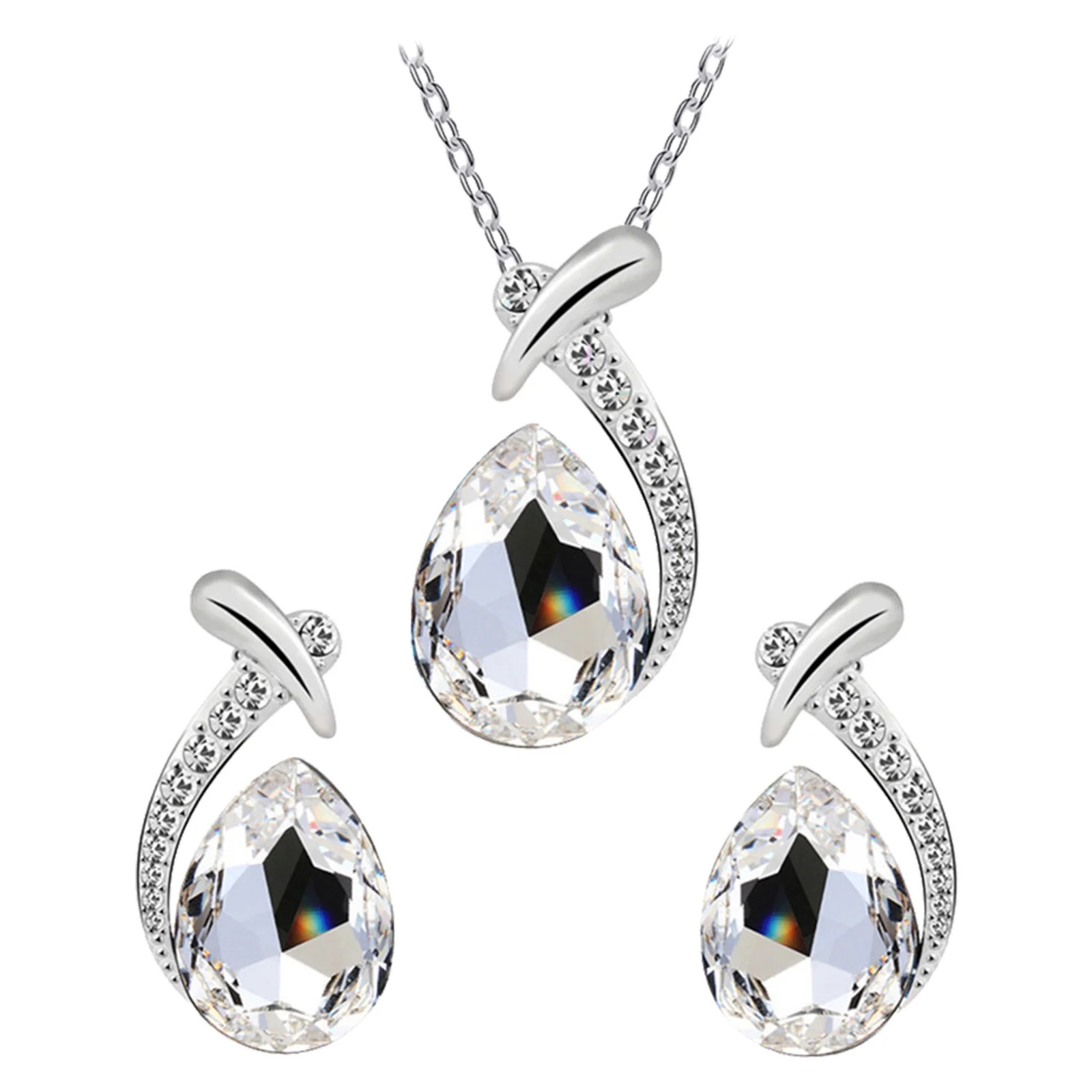 TEARDROP CLEAR CRYSTAL NECKLACE AND EARRINGS SET. FREE GIFT BOX INCLUDED