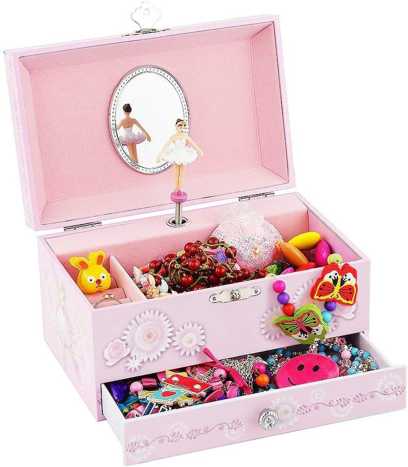 Kids Musical Jewelry Box for Girls with Drawer and Jewelry Set with Ballerina Th