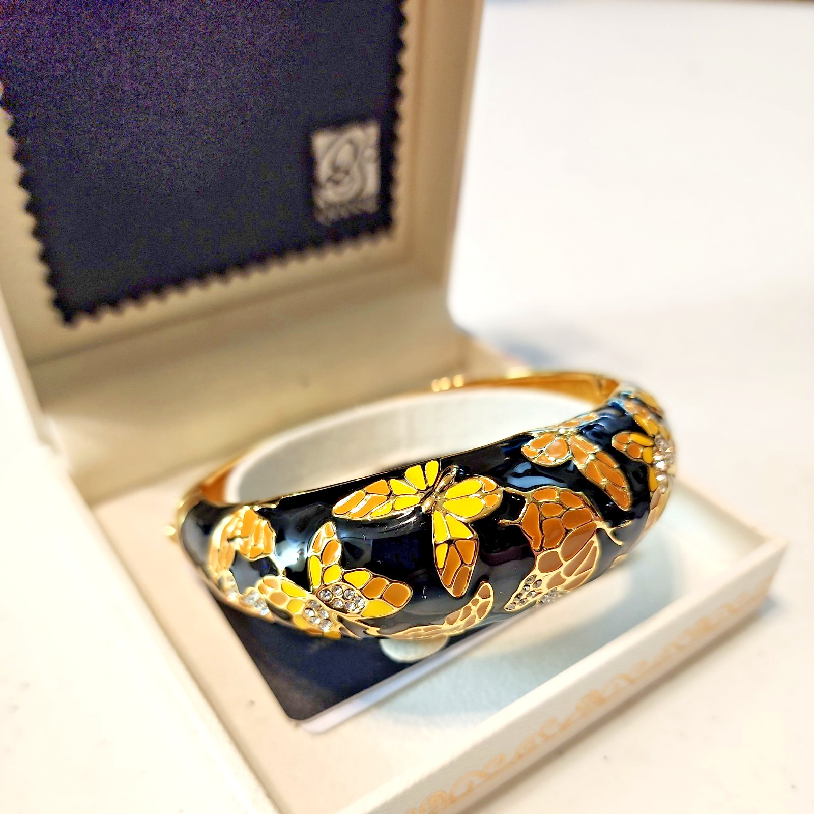 Handcrafted Enamel Gold Cloisonne Butterfly Bangle Bracelet w Austrian Crystals