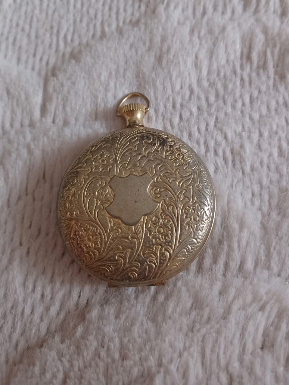 Vintage Pocket Watch Case Pill Box Gold Tone Embossed Retro Style Locket Pendant