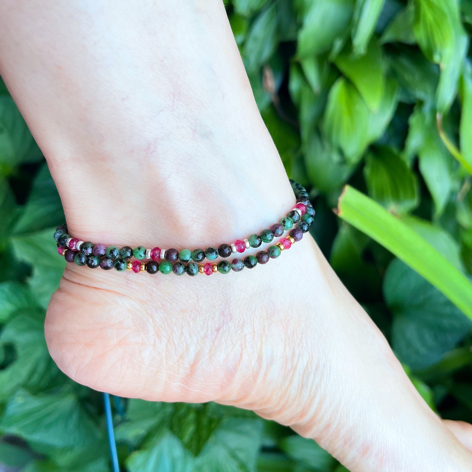 4mm Ruby Zoisite and Pink Jade Bead Anklet, Chakra Healing, Spiritual Growth