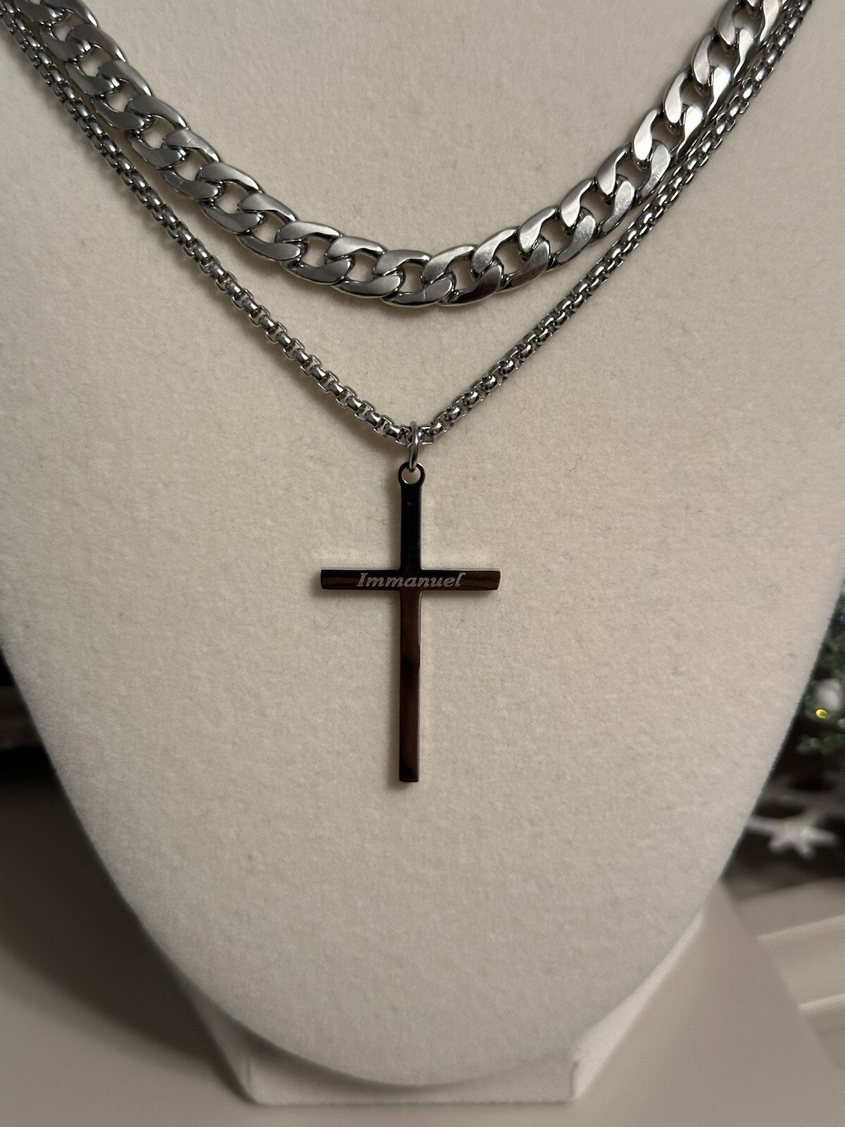 Men Double Layer Cross Pendant Necklace Stainless Steel Hip Hop Gothic Unisex
