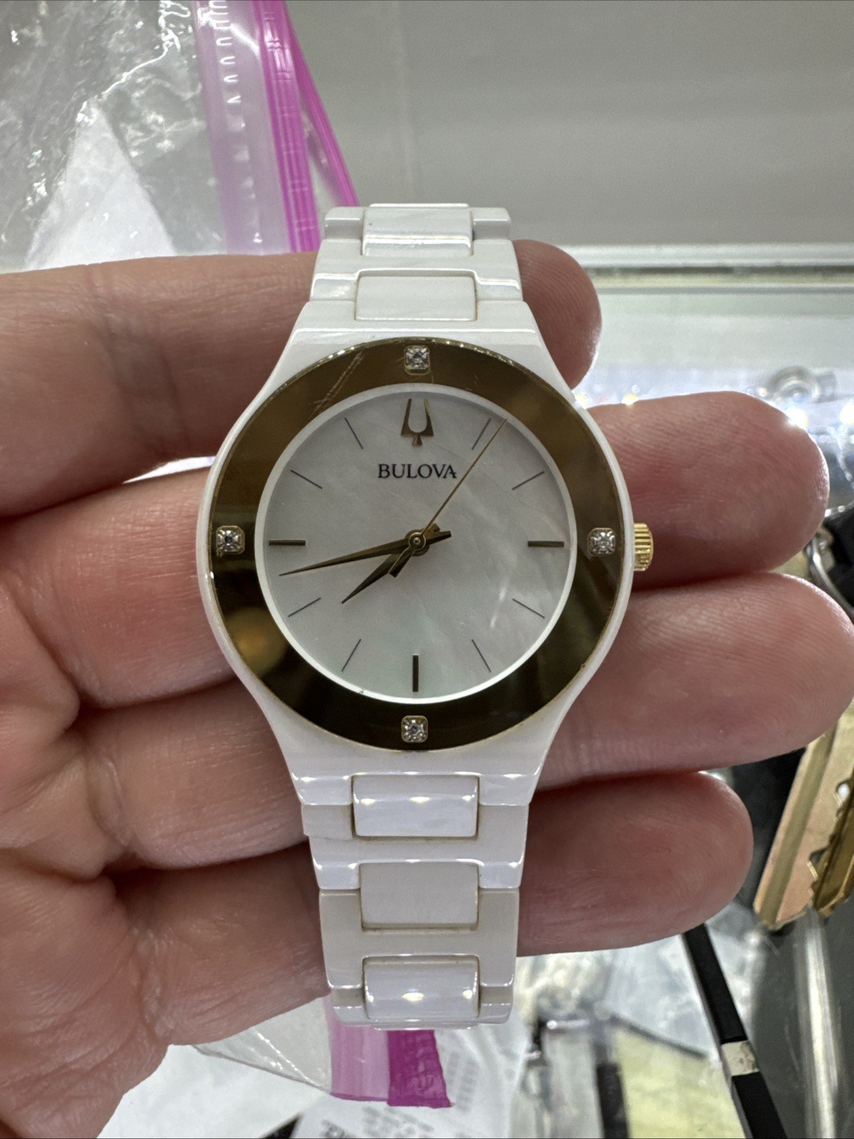 Bulova Millennia Gold White Dial Ceramic Diamond ladies quartz watch