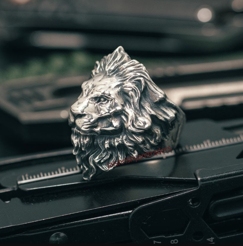 Men’s Lion Head Ring Oxidized 925 Sterling Silver Bold Statement Biker Jewelry