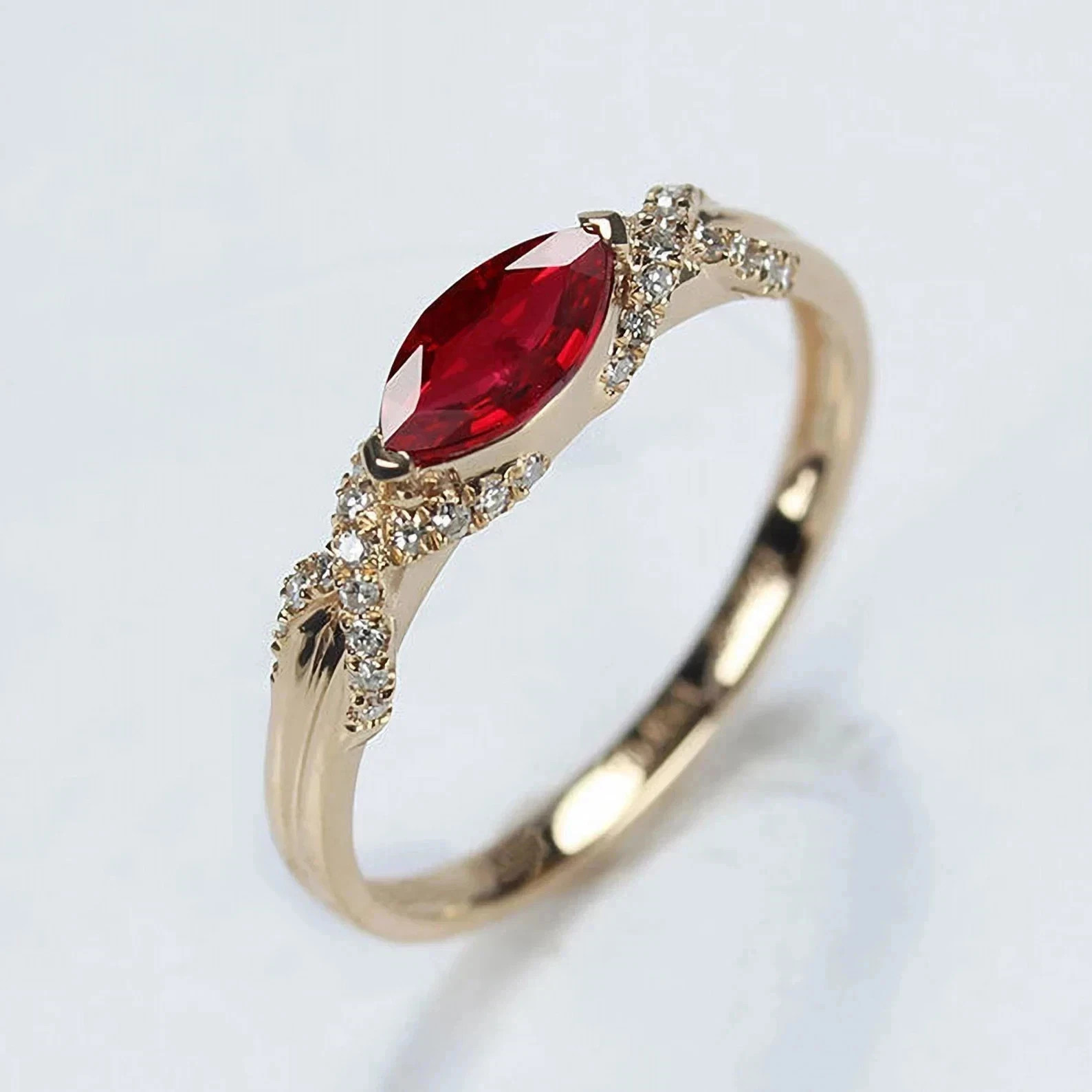 2.56 Ct Marquise Cut Natural Ruby Diamond & Wedding Ring 14K Yellow Gold