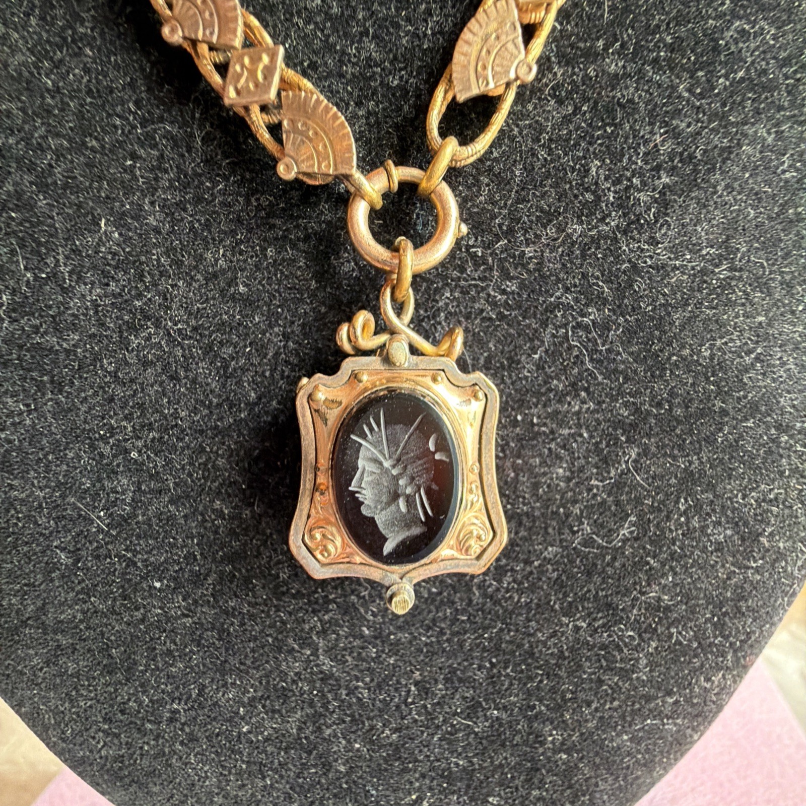 Victorian Etruscan 48g Gold Fill Book Chain Necklace Slide GF Locket Tiger Eye