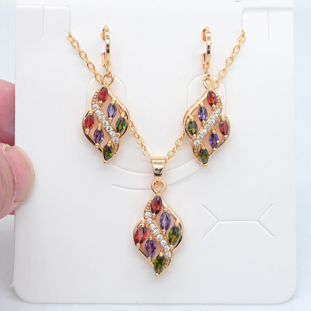 18K Yellow Gold Filled Women Fashion Rainbow Mystic Topaz Leaf Jewelry Set