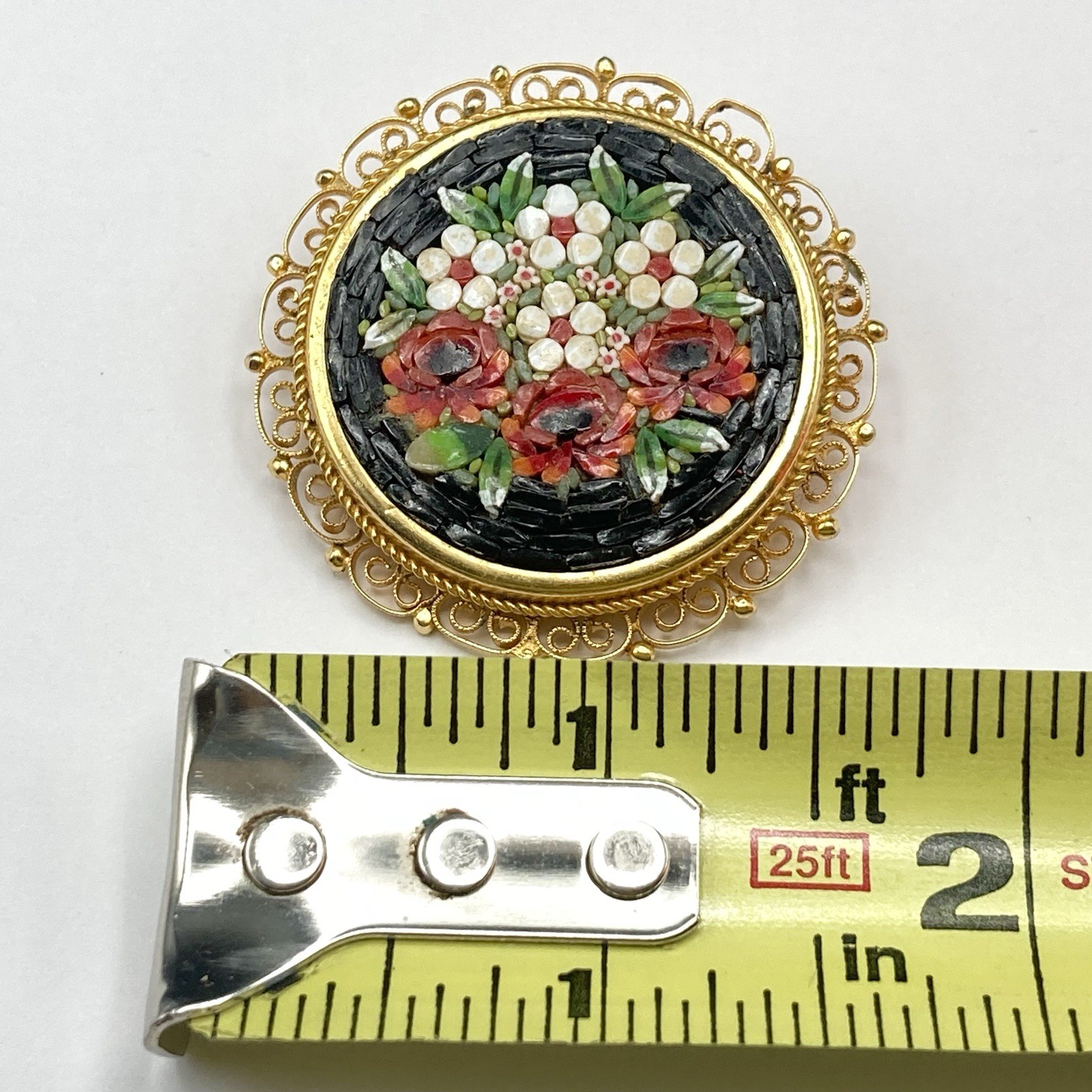 Vintage Gold Tone Italy Black Mosaic Red White Flower Floral Brooch Pin