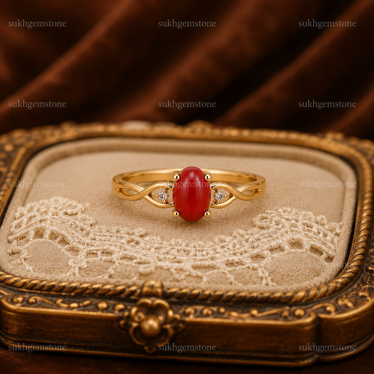 Lab Created Red Coral Ring, Base Metal: Brass Finish: Gold Plated