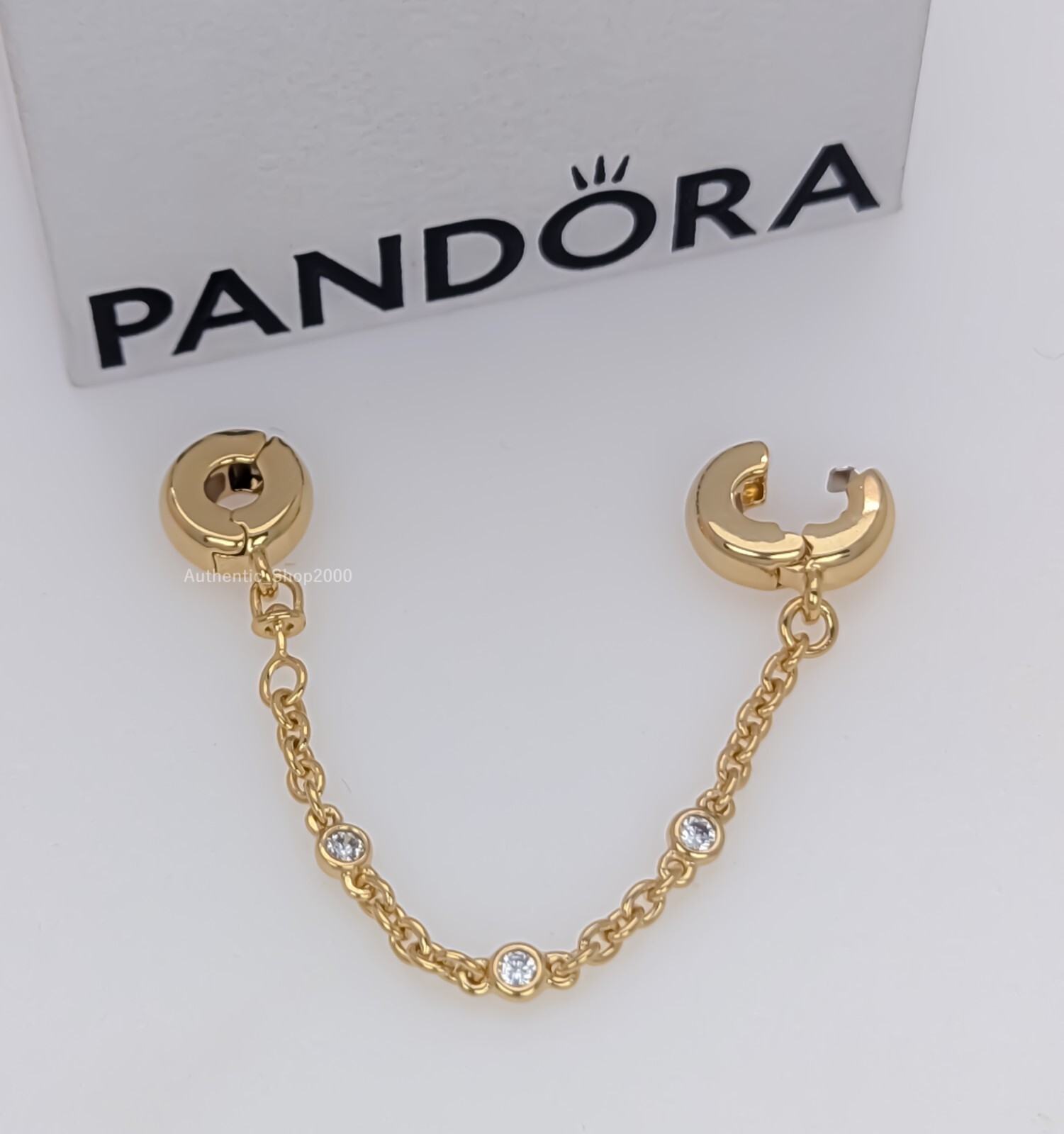 New 100% Authentic PANDORA 14k Gold Pl Triple Clear Stone Safety Chain 763515C01