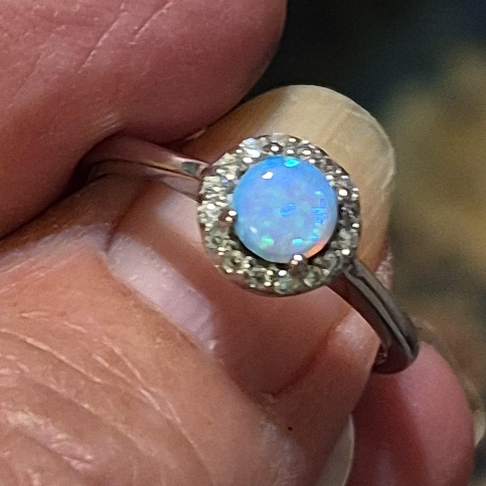 925 Stamped Sterling Silver Blue Round Opal W Halo CZ Cocktail Ring Size 7