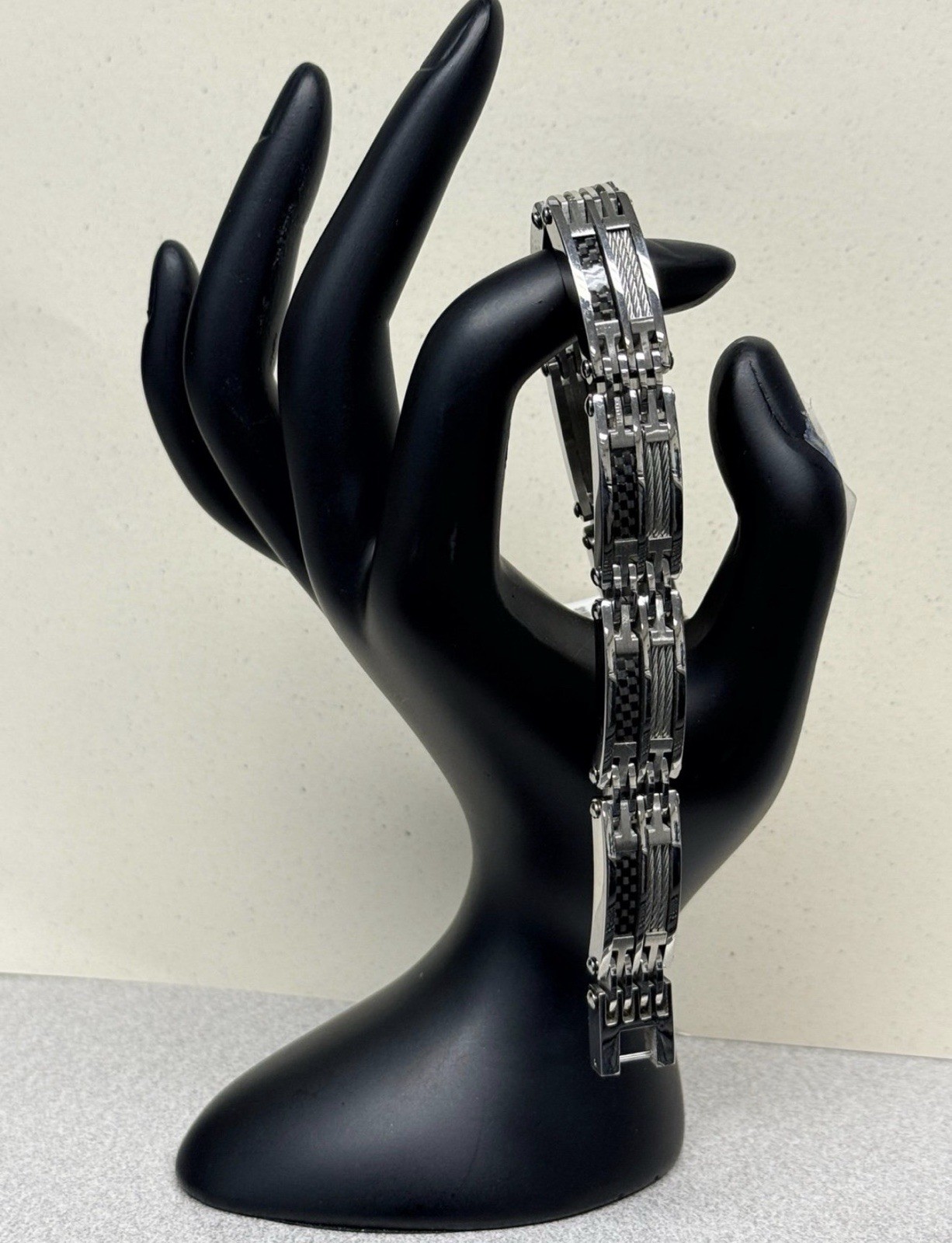 Men’s Stainless Steel Carbon Fiber & Cable Link Bracelet – Brand New Size 8”