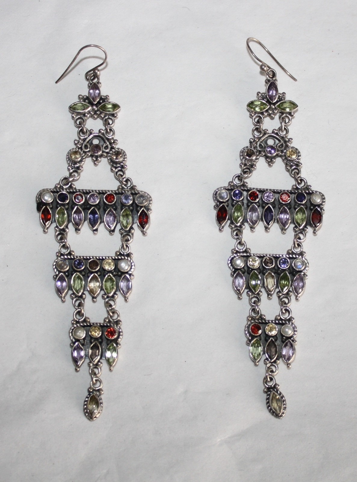 Custom Sterling .925 & Mixed Color Gemstones 4-Layer 4″ Hook Drop Earrings