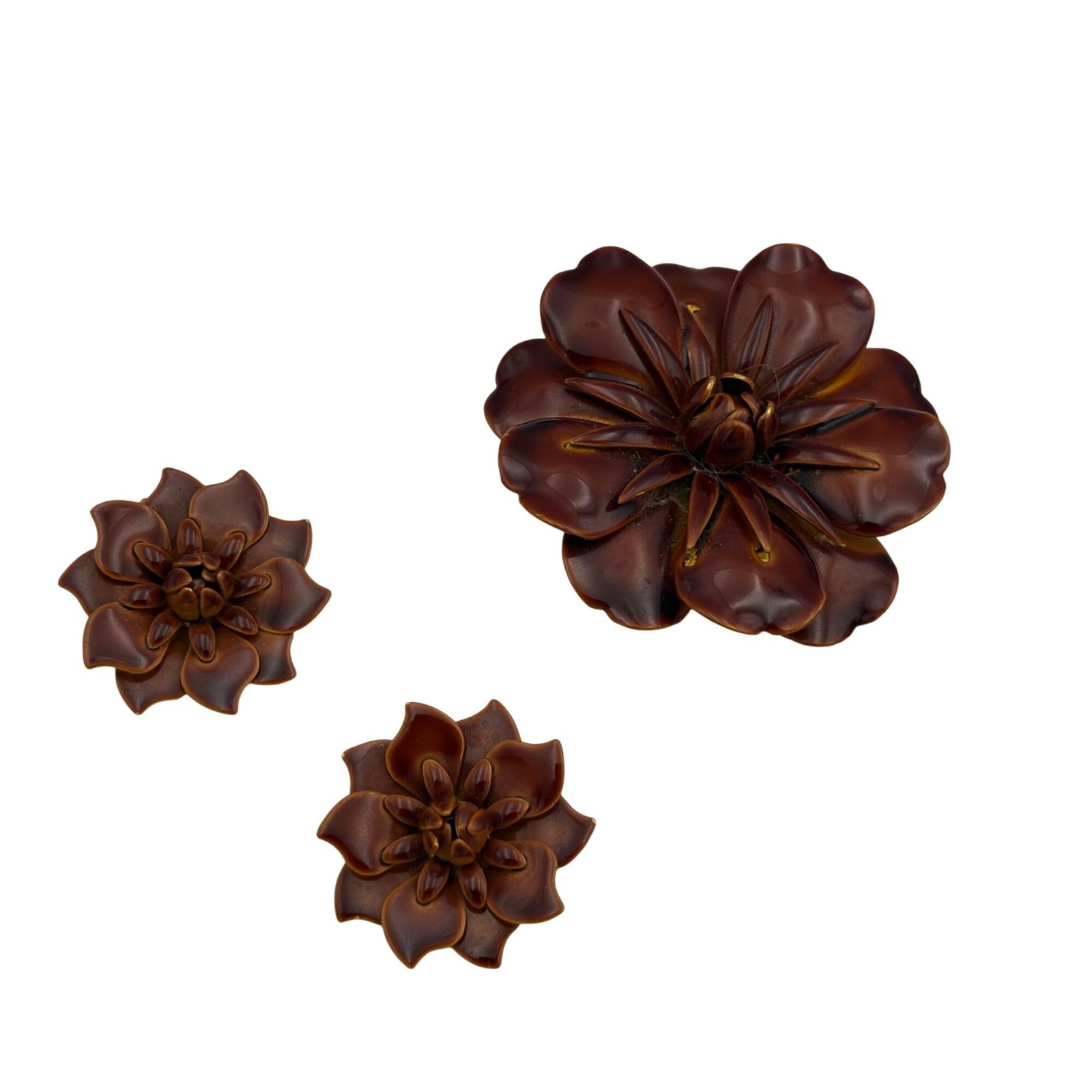 Vintage Brown Metal and Enamel 3D Floral Pin Brooch & Clip-On Earrings Set