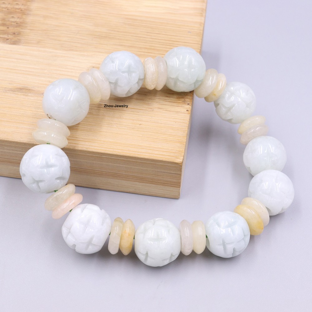 Natural Grade A Jade 14mm Carved Bead Handmade Women Men Elastic Bracelet