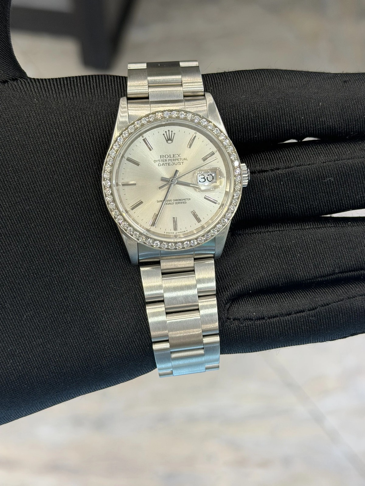 Rolex Datejust 36 Silver Stick Dial on Oyster 16200 with Box