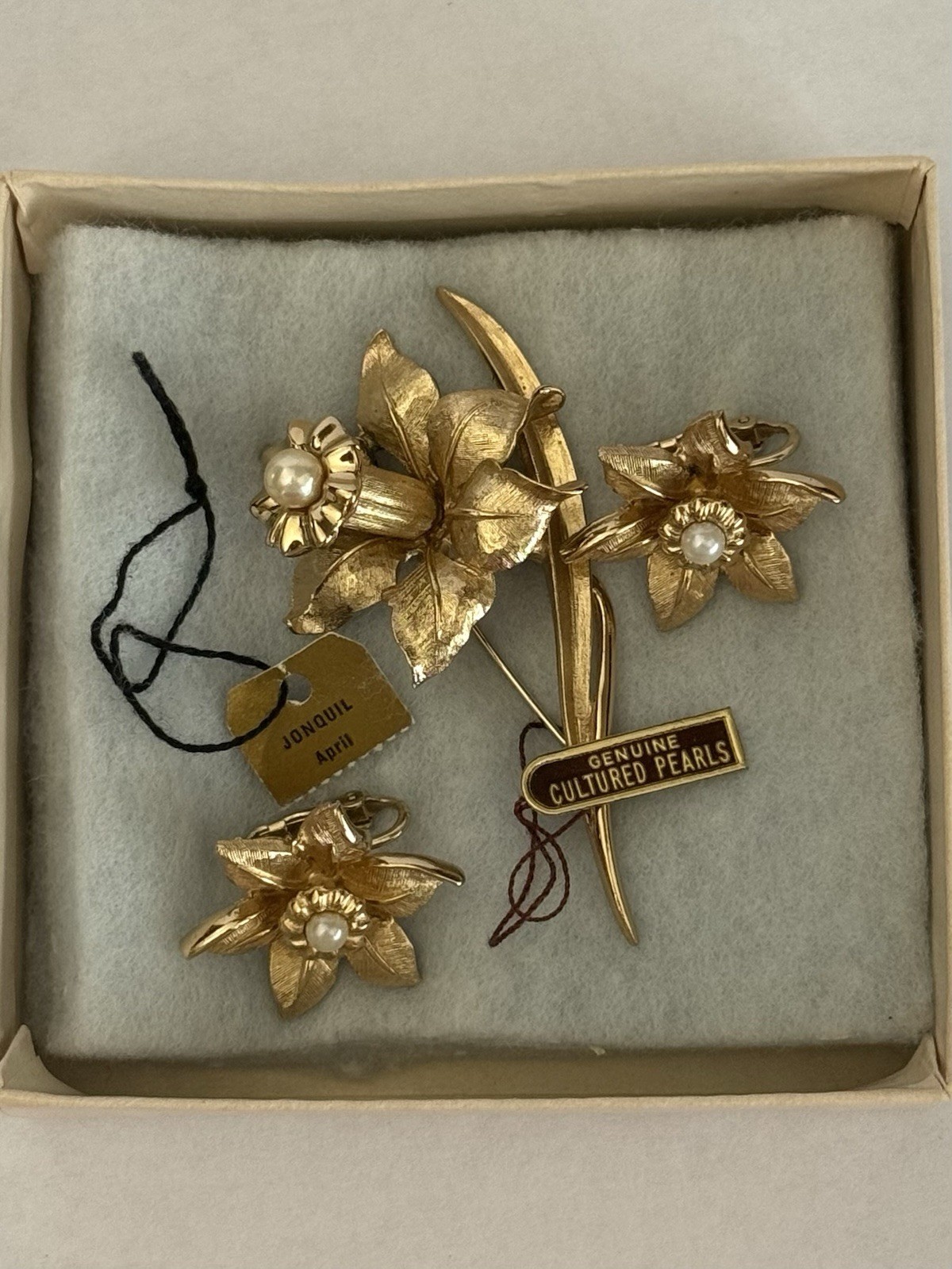 Vintage 1964 Marcel Boucher Jonquil Daffodil Brooch Earring Set Box Tags 8692