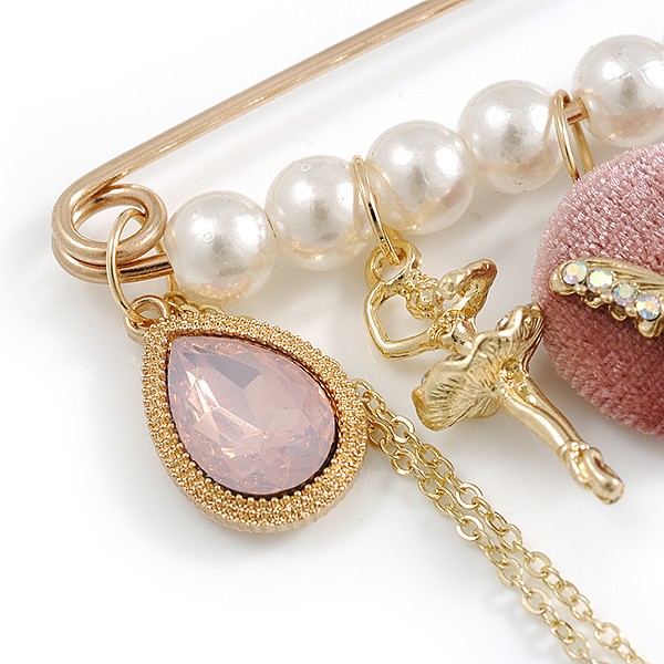 Vintage Inspired Gold Plated Safety Pin Brooch With Pearl Beads, Chains and