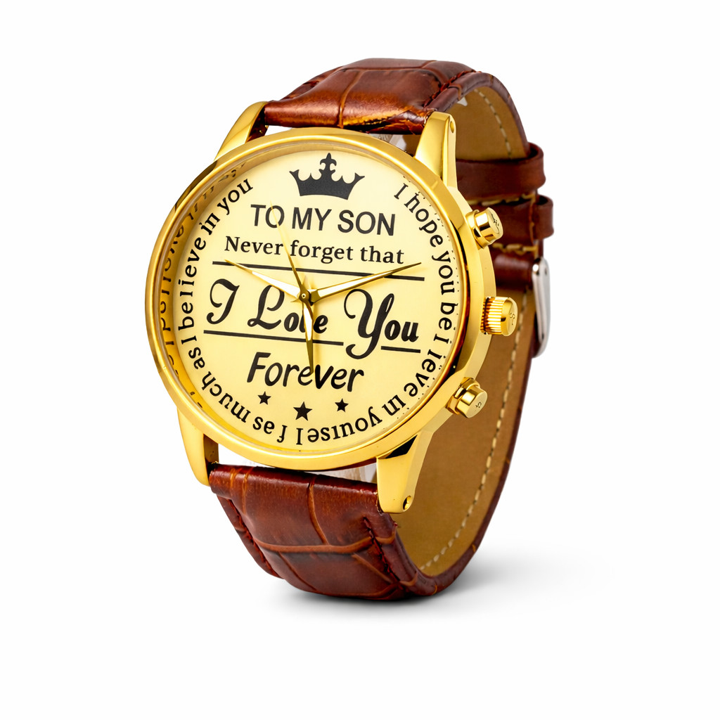 Men’s Gold Tone Watch “To My Son” Gift Dial Brown Croc Pattern PU Leather Strap