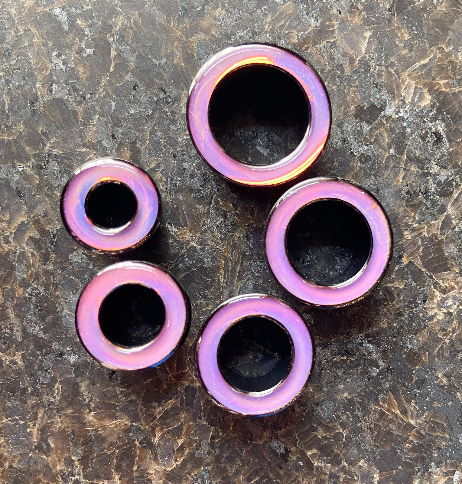PAIR Rainbow Iridescent Rimmed Black Screw Fit Tunnels Earlets Gauges Plugs