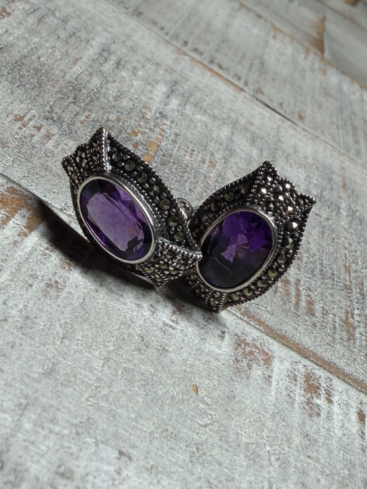 Sterling Silver Amethyst And Marcasites Clip On Vintage Earrings