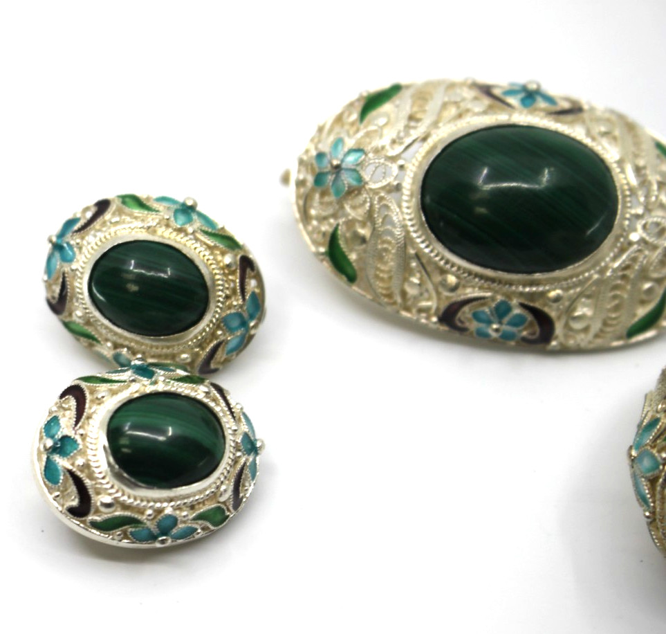 Vintage Chinese Export 925 Silver Enamel Malachite Brooch Earrings Ring Set