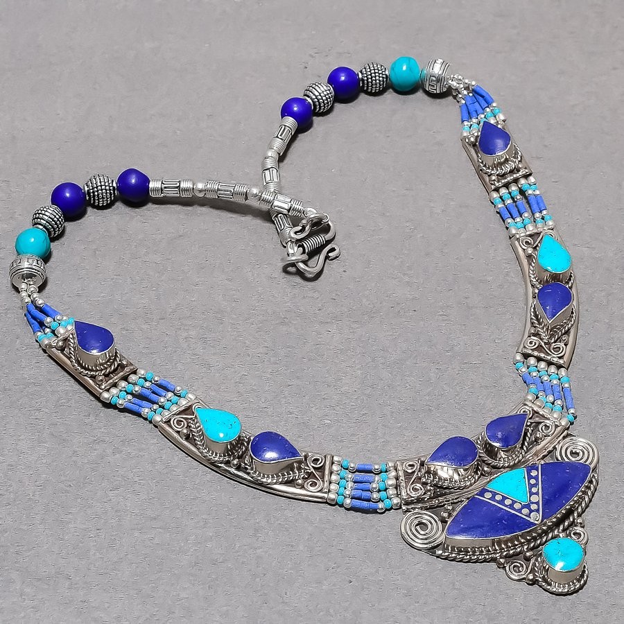 Turquoise Lapis Lazuli Gemstone Necklace Tibetan Latest Baho Jewelry 18″ NN 6709