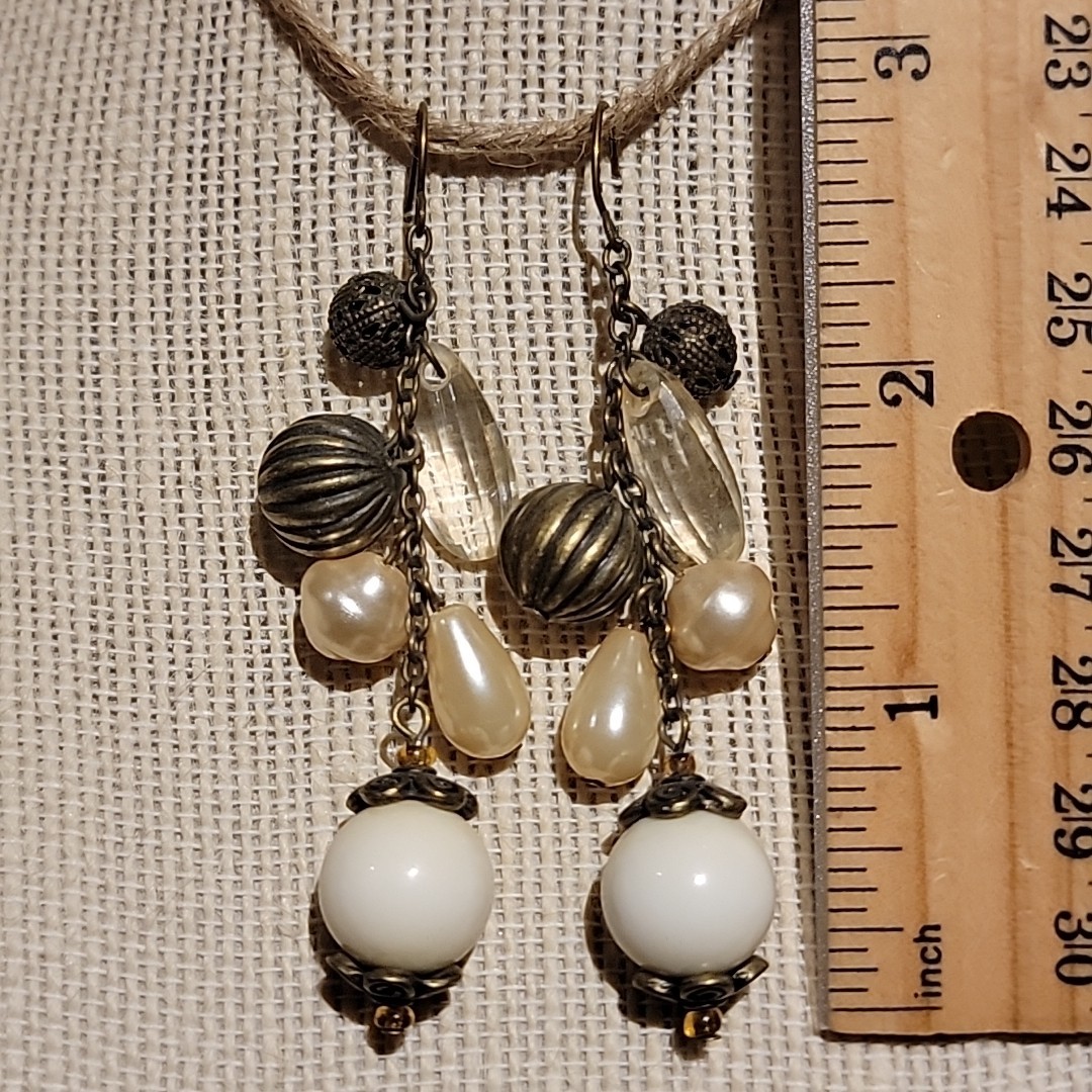 Vintage Faux Pearl & Metal Beaded Dangle Earrings Ornate Boho Artsy Retro