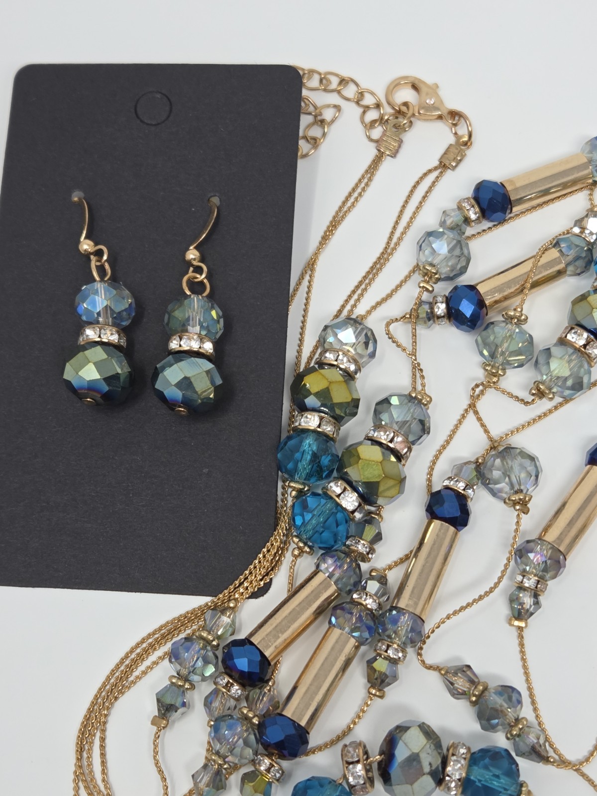 Gold Tone Iridescent Gray & Teal Crystal Long Station Necklace & Earrings Set