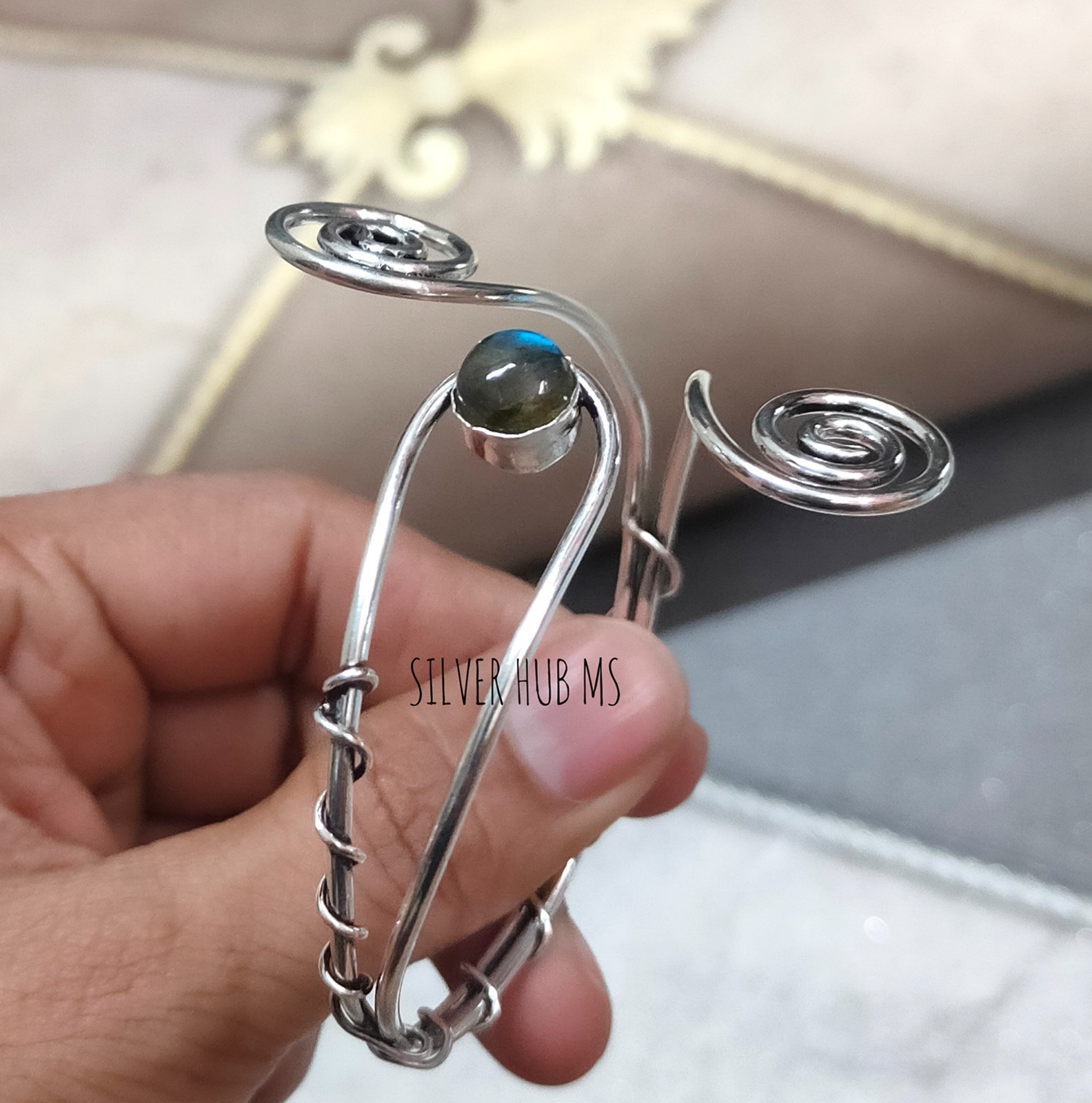925 Sterling Silver Natural Labradorite Handmade Designer Adjustable Bangle Cuff