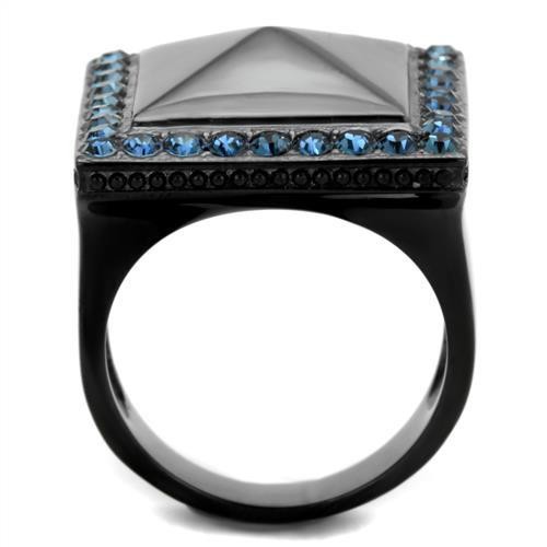 Women’s Pyramid Ring, Blue Top Grade Crystal, Black Plated, Stainless Steel
