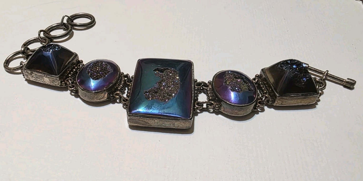 Signed SAJEN 925 Sterling Silver Chalcedony Amethyst Druzy Quartz Bracelet 45g
