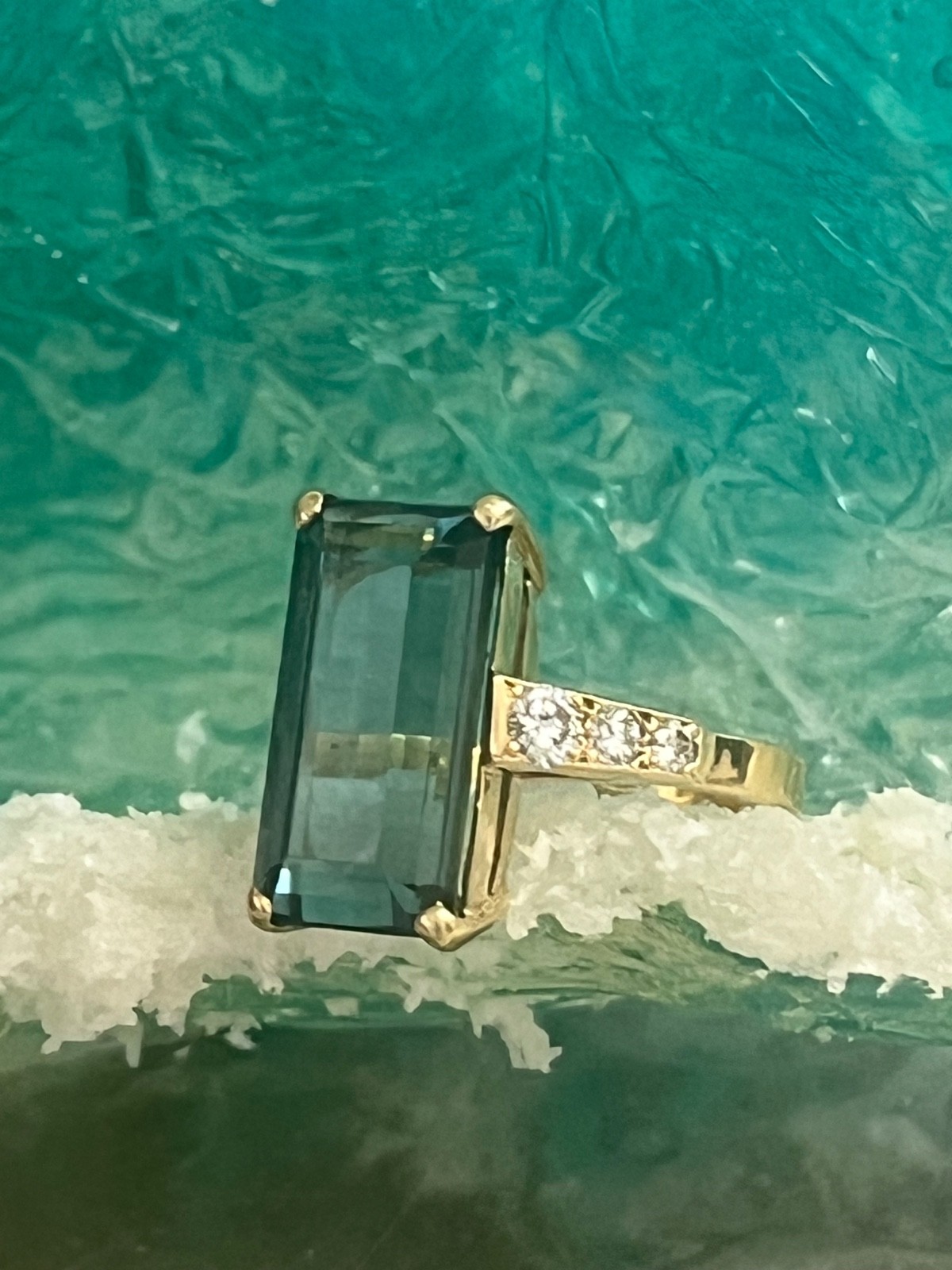 Yellow Gold Rectangle Indicolite Tourmaline with Diamond Ring Vintage