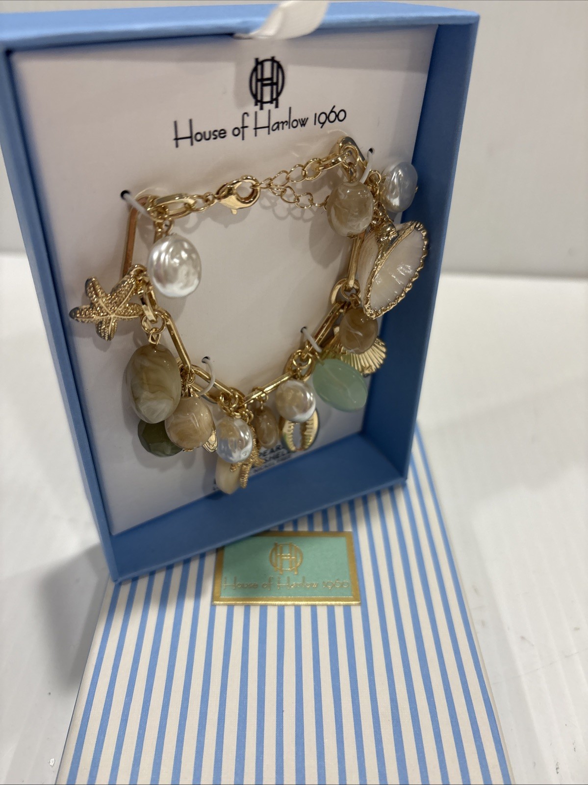 House of Harlow Glass Pearl and Natural Shell Beach Charm Bracelet NWT