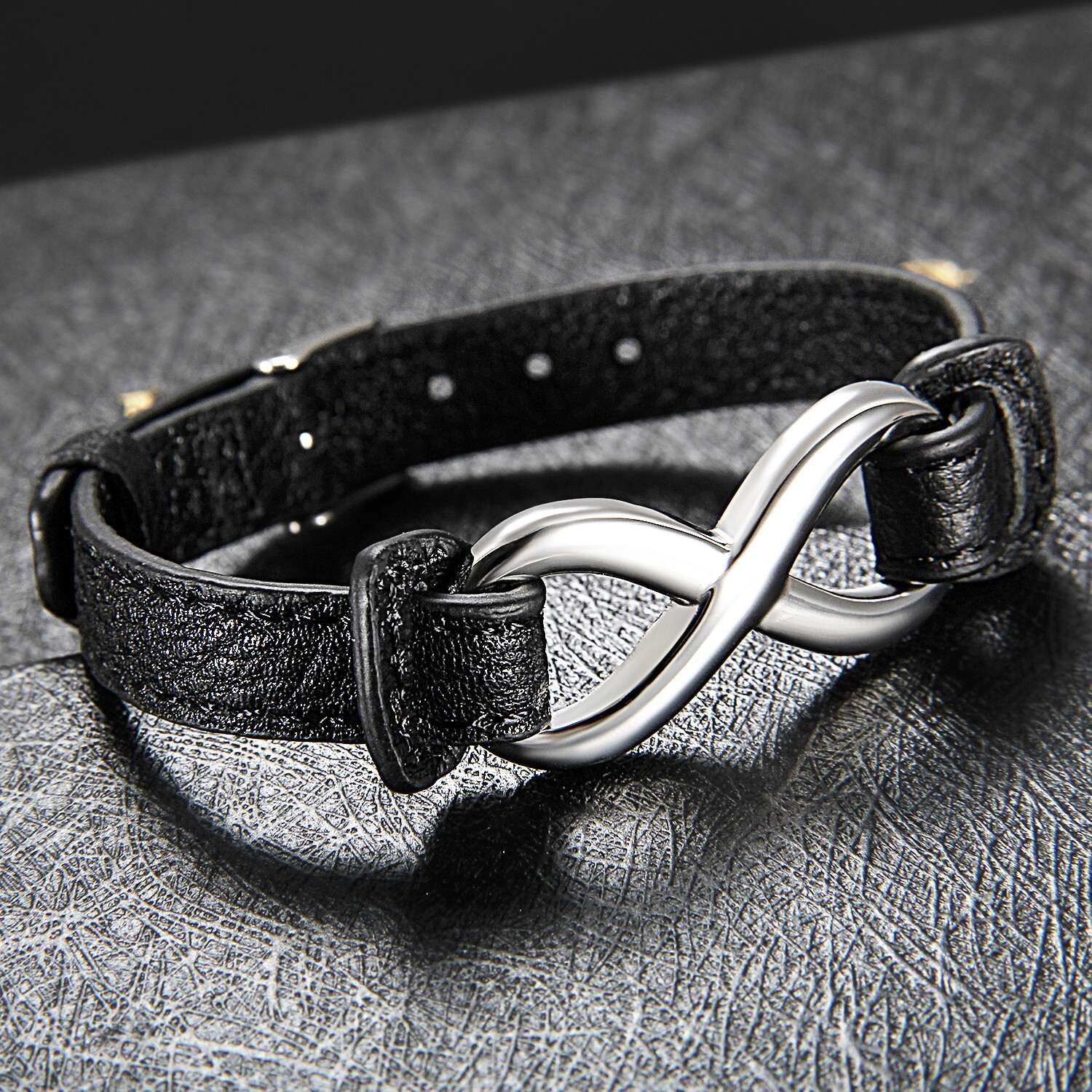 Mens Womens Leather Stainless Steel Bracelet Love Infinity Charm Bangle Black