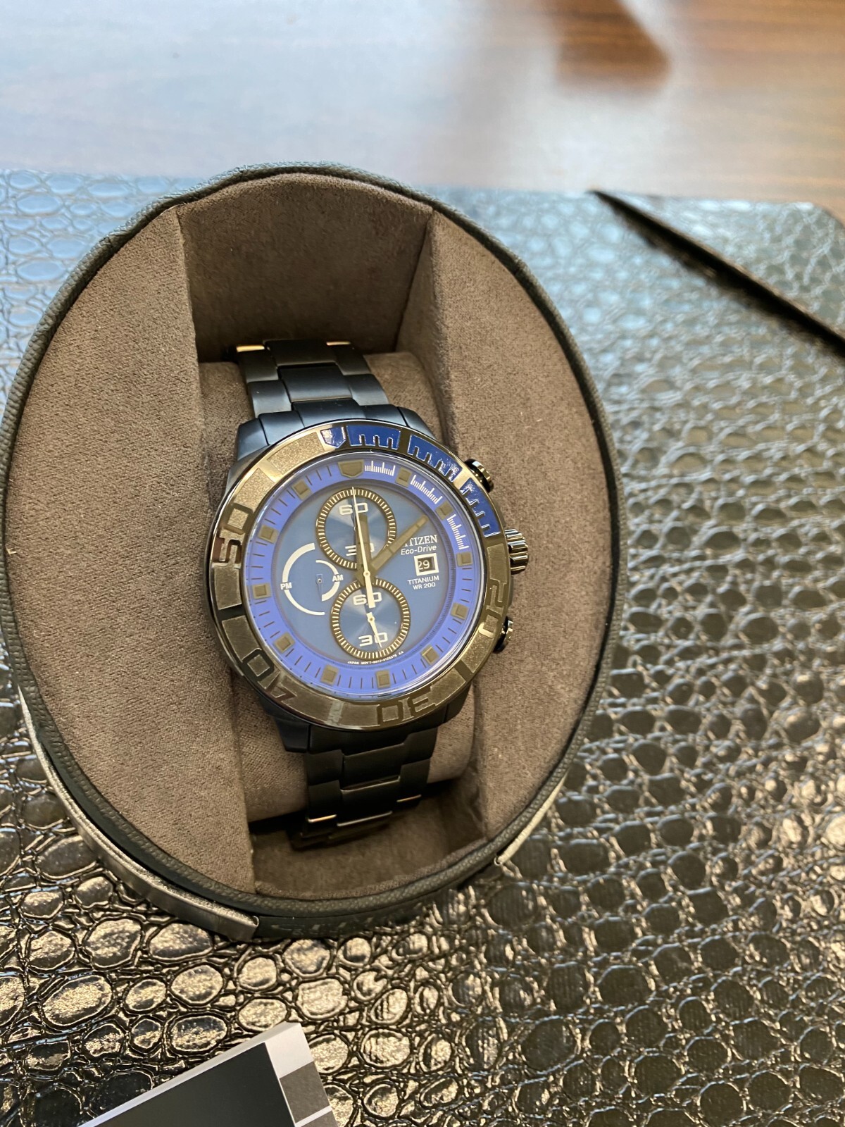 NWT Citizen CA0525-50L Eco-Drive Black Titanium Blue Dial Chronograph Watch