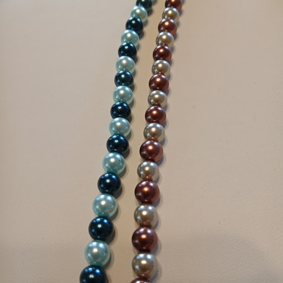 VTG 20″HONARA Double Strand Glass/Shell Pearls Teal Mauve Champagne Heart Toggle