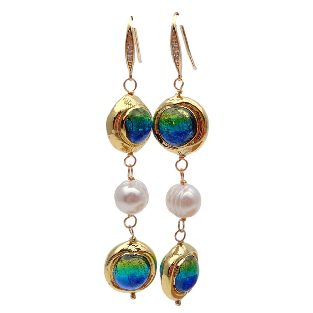 Freshwater Cultured White Keshi Pearl Blue Murano Glass DangleHook Earrings