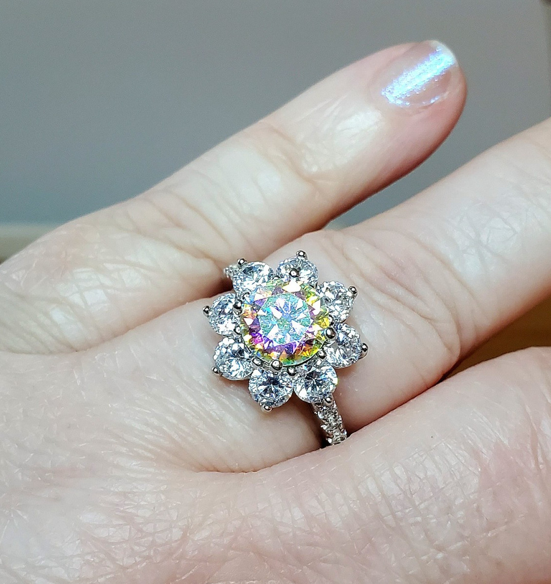 2ct Moissanite Ring Sterling Silver Aurora Borealis Snowflake Sz 8.75