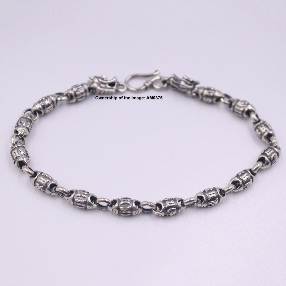Solid 925 Sterling Silver Bracelet Six-Word Oval Bead Link Men Chain 8.26inch