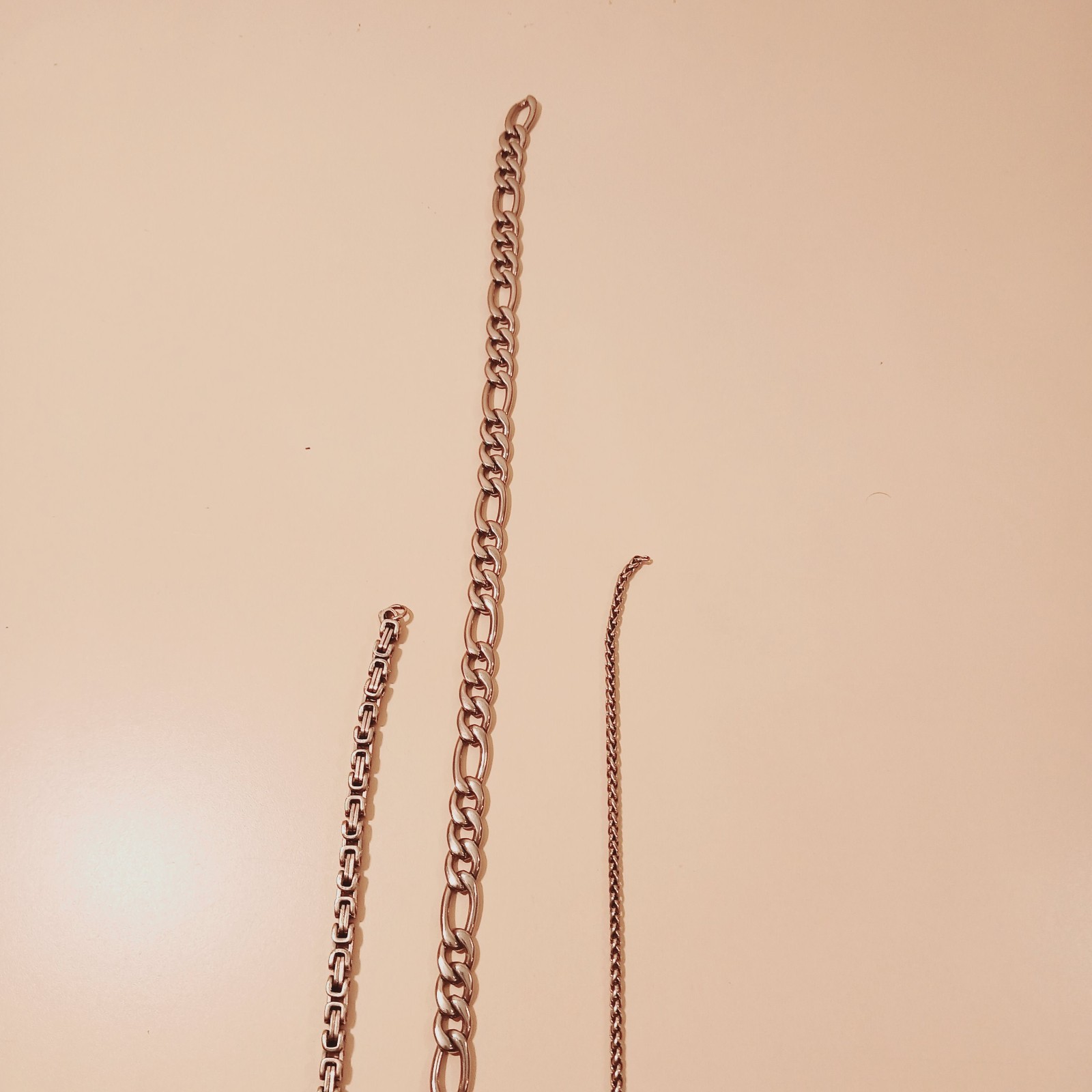 Stainless Steel Jewelry Set Lot: Byzantine Anklet 9″ Figaro Necklace 21″ Curb An
