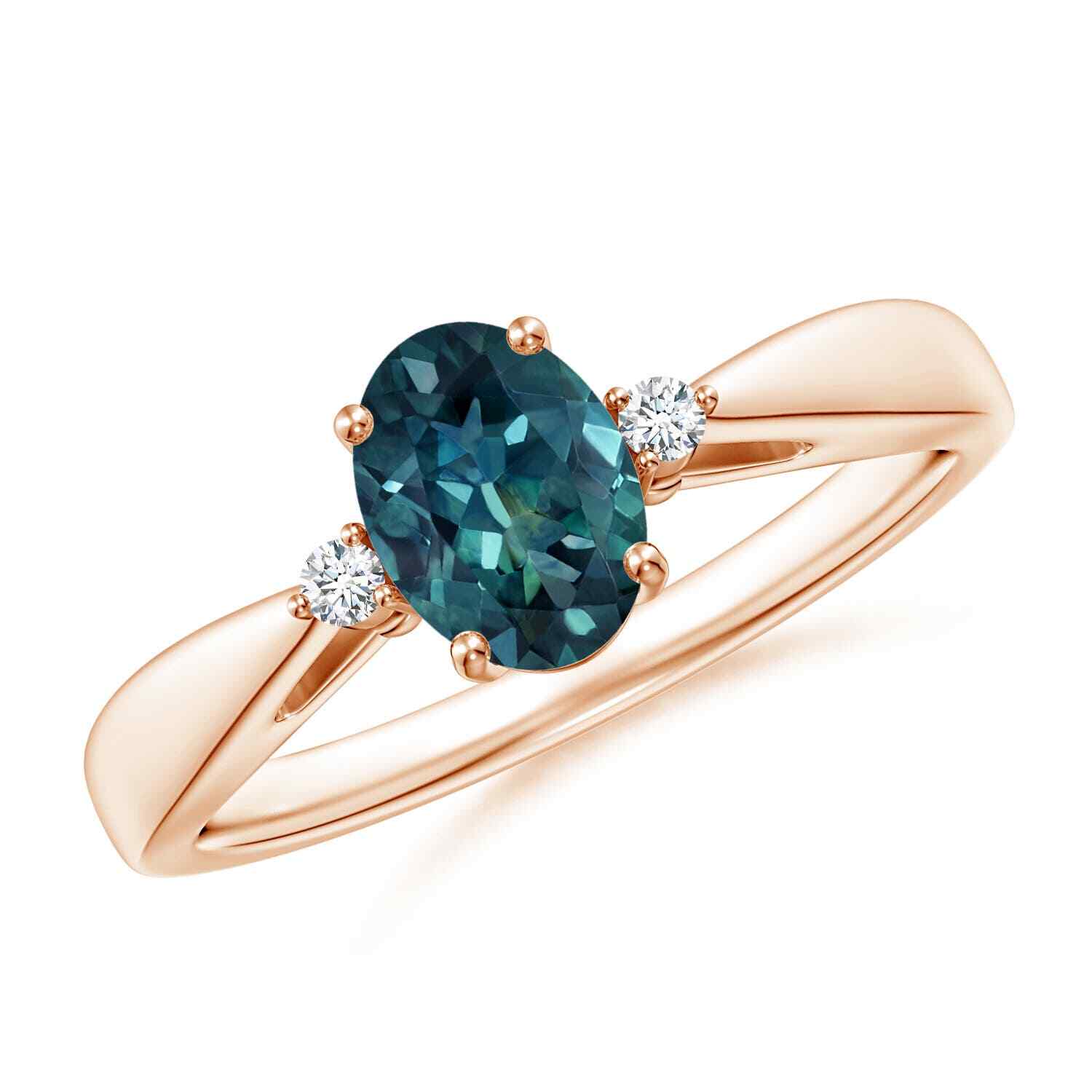 ANGARA Tapered Shank Teal Montana Sapphire Solitaire Ring with Diamonds