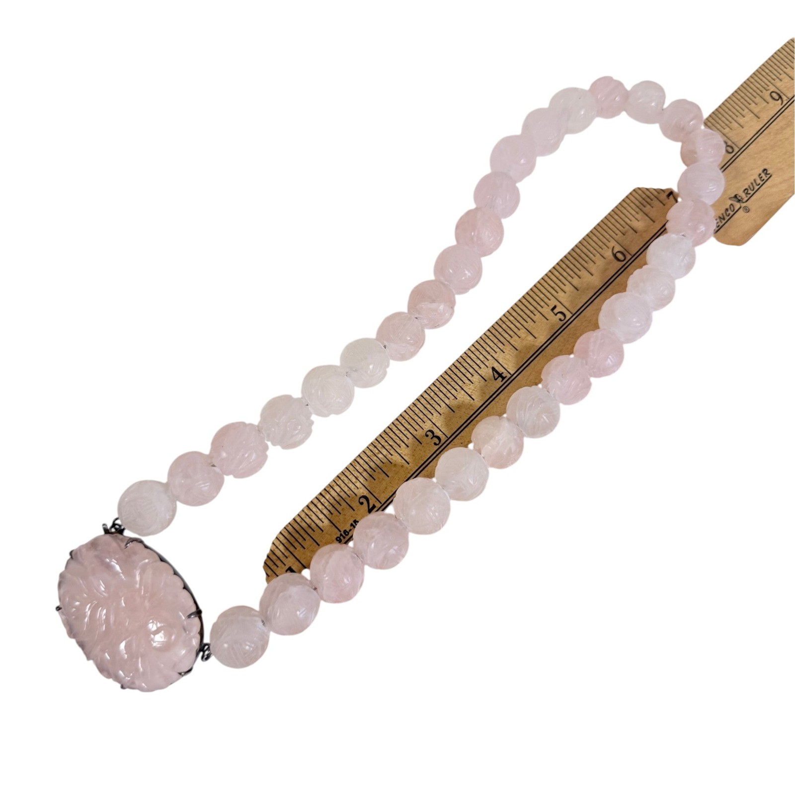 Vintage Carved Rose Quartz & Sterling Silver Statement Necklace