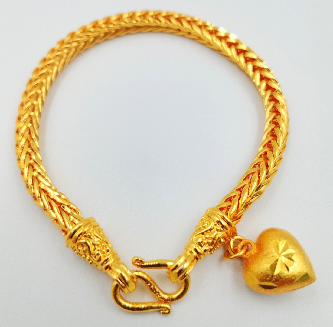 Heart Link Bracelet 23K 24K Thai Yellow Gold Plated Women Girls Gift 6.0-7.5″